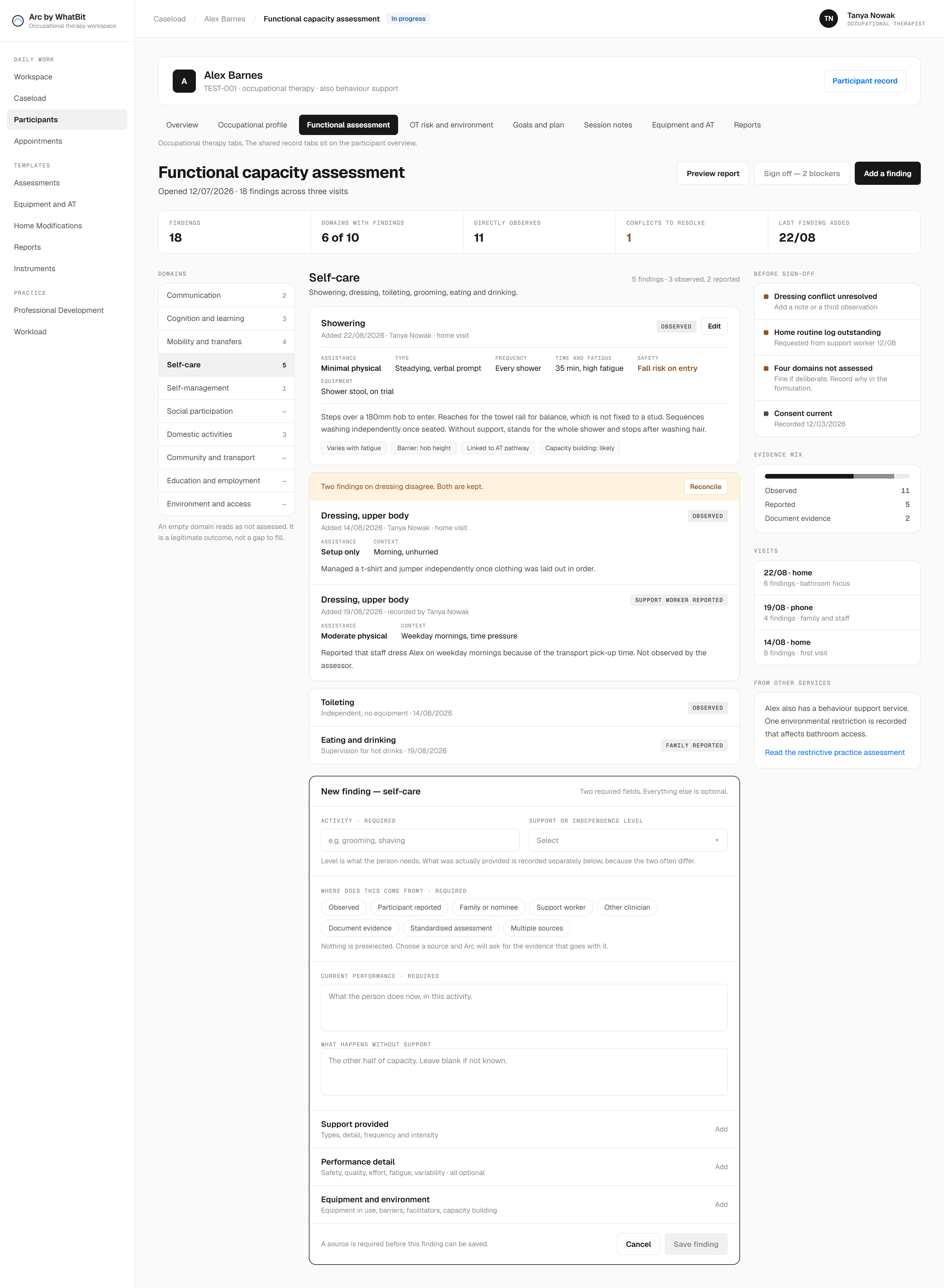 Arc functional and clinical assessment workspace