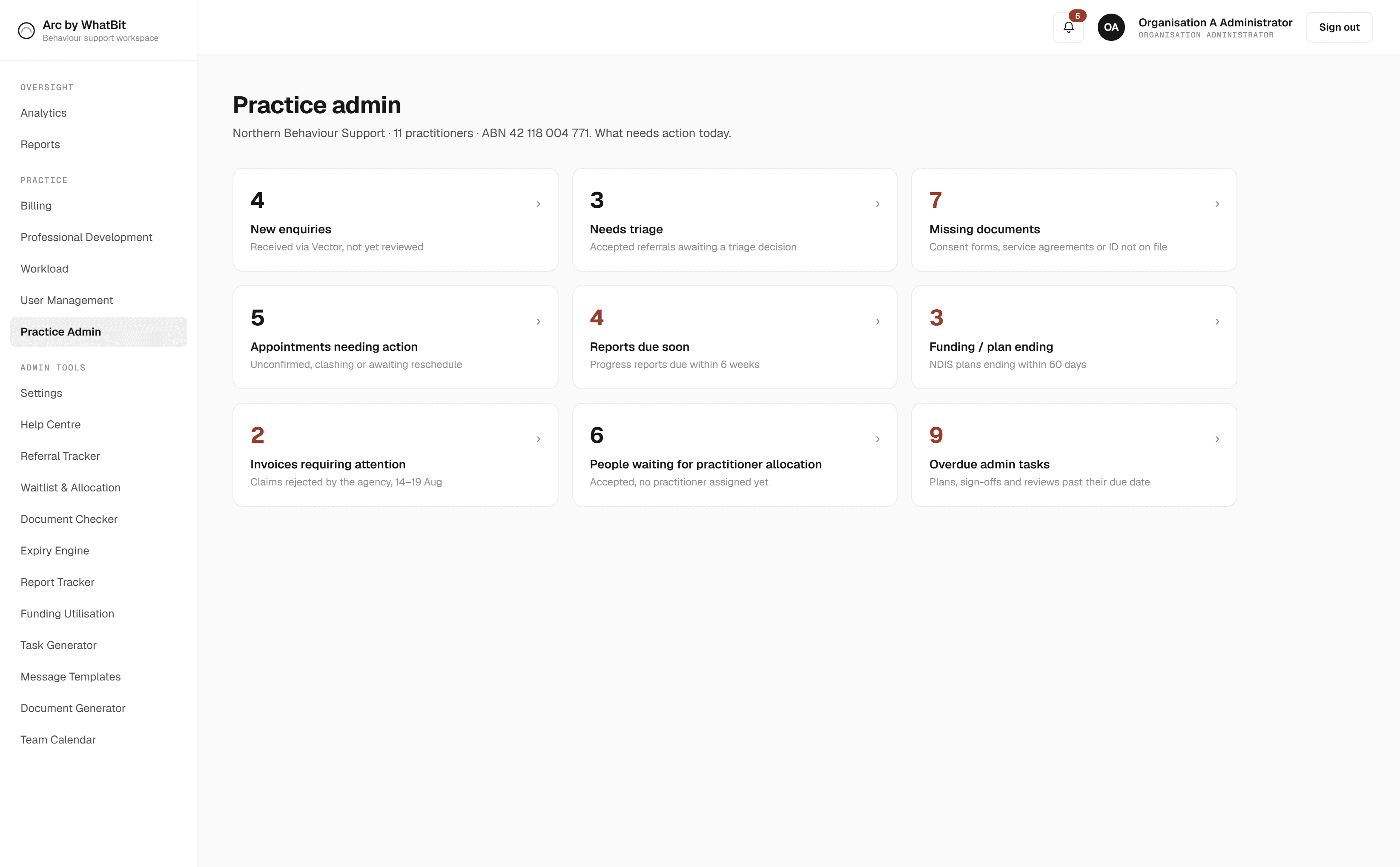 Arc multidisciplinary admin hub, demo data