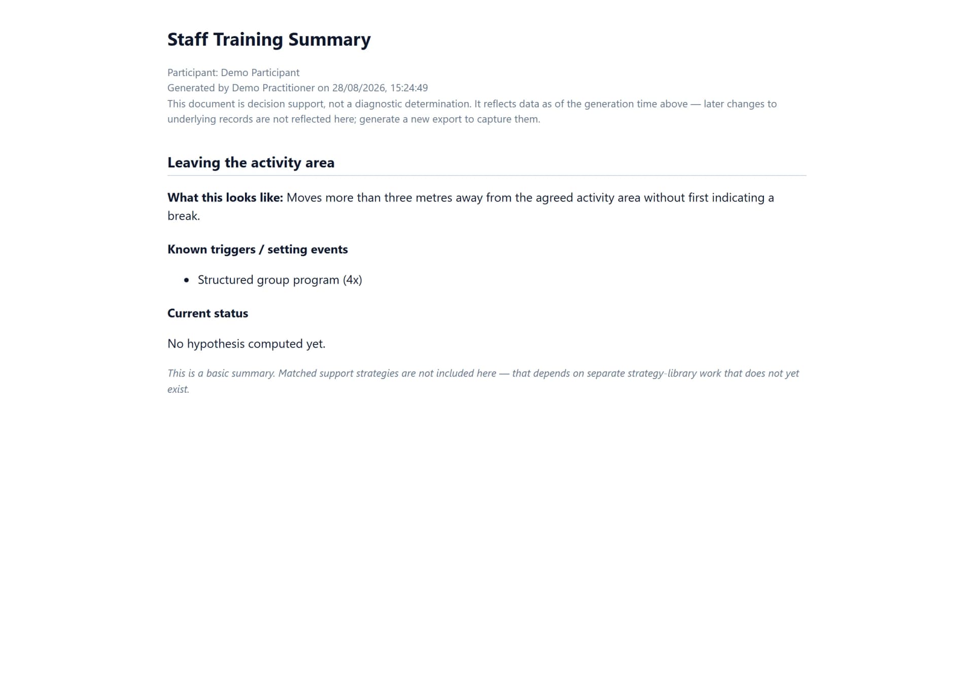 Frame basic staff training summary generated from demo data