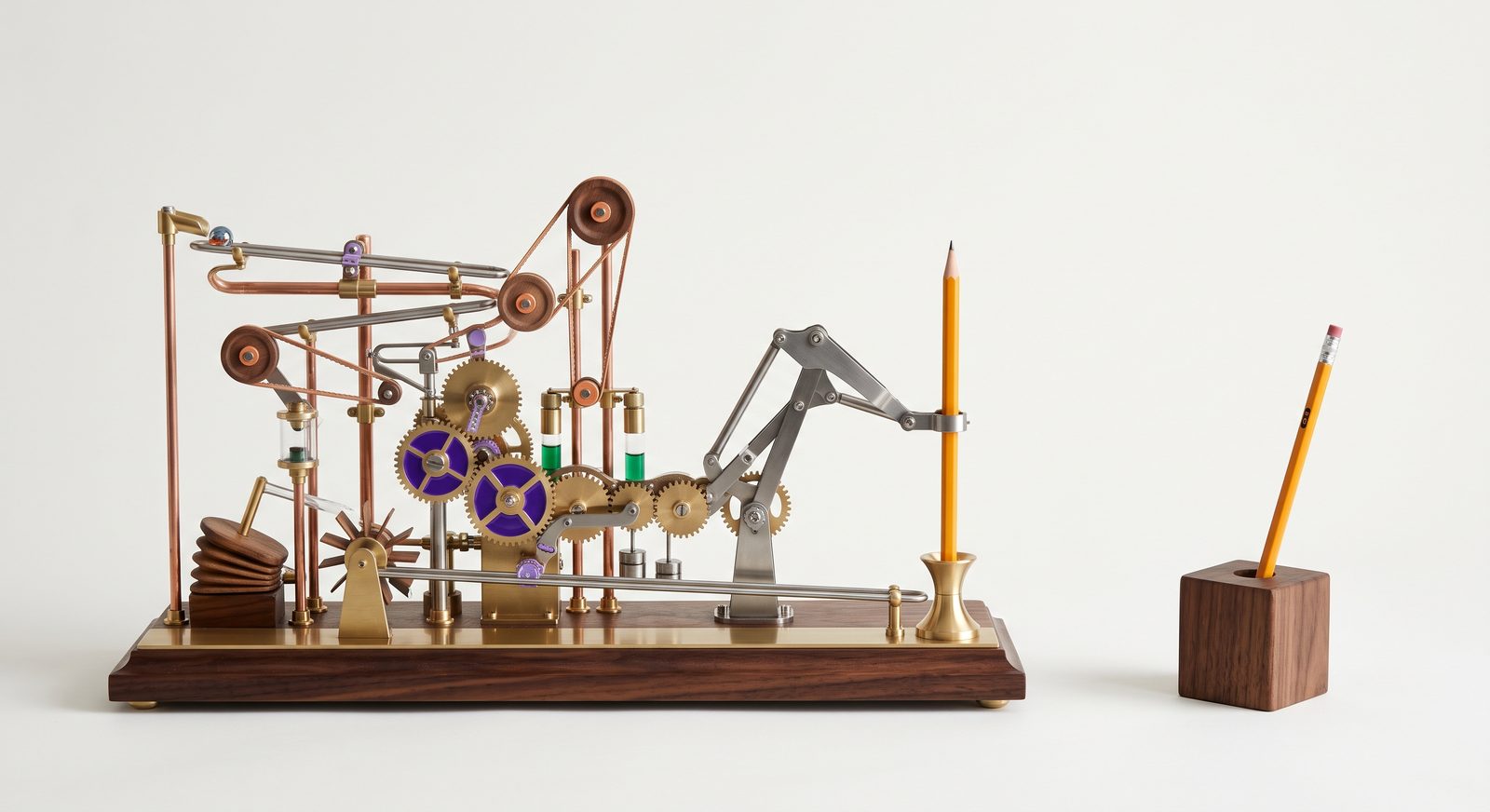 An elaborate desktop kinetic sculpture of gears, pulleys and glass tubes, built to sharpen a pencil.
