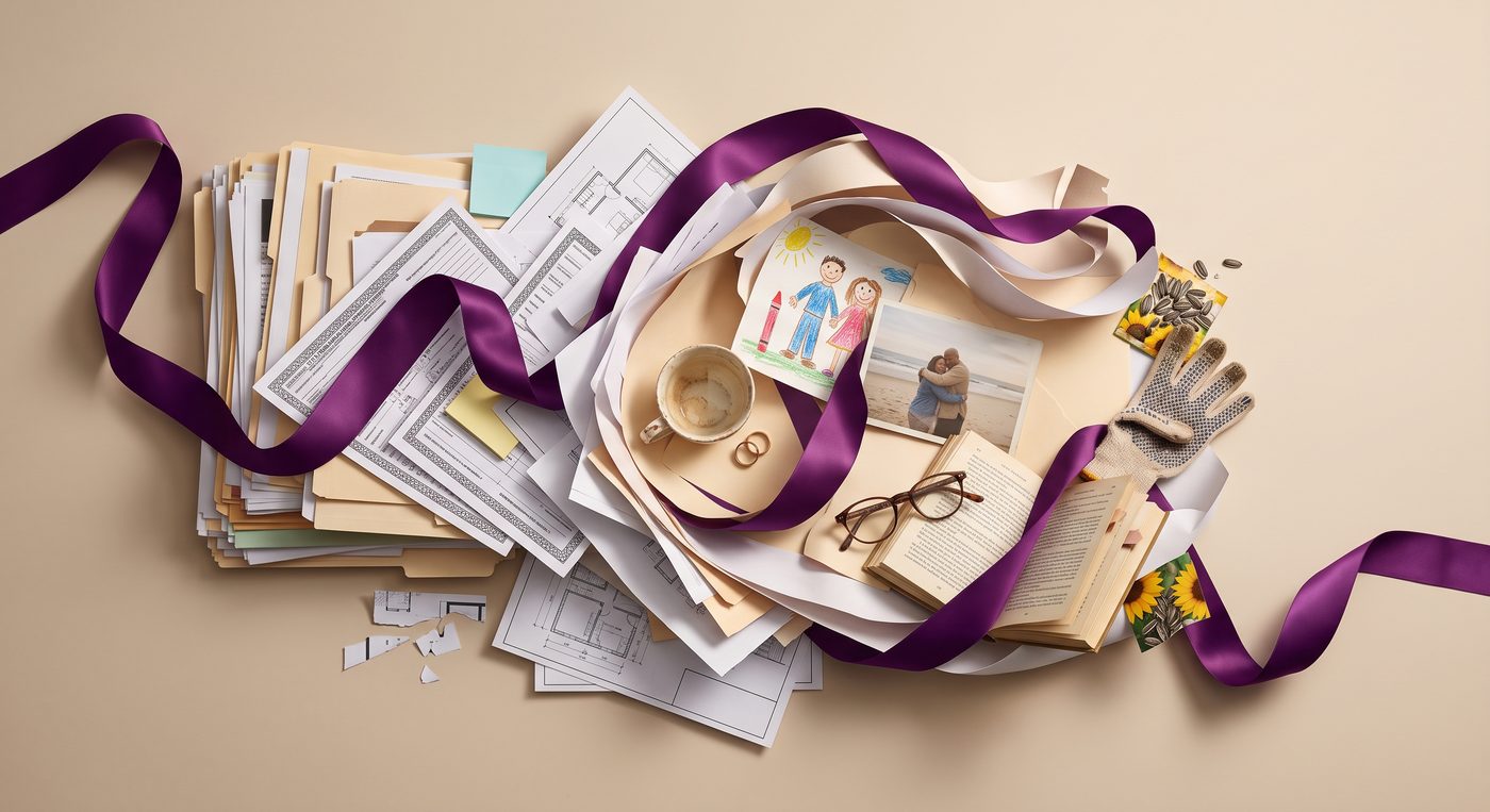 A tangle of paperwork, folders, plans and a purple ribbon around a coffee cup, glasses, a book and family photos.
