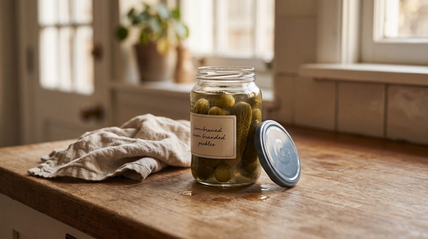 An open jar of pickles on a kitchen counter with a hand-written label, its lid resting beside it.
