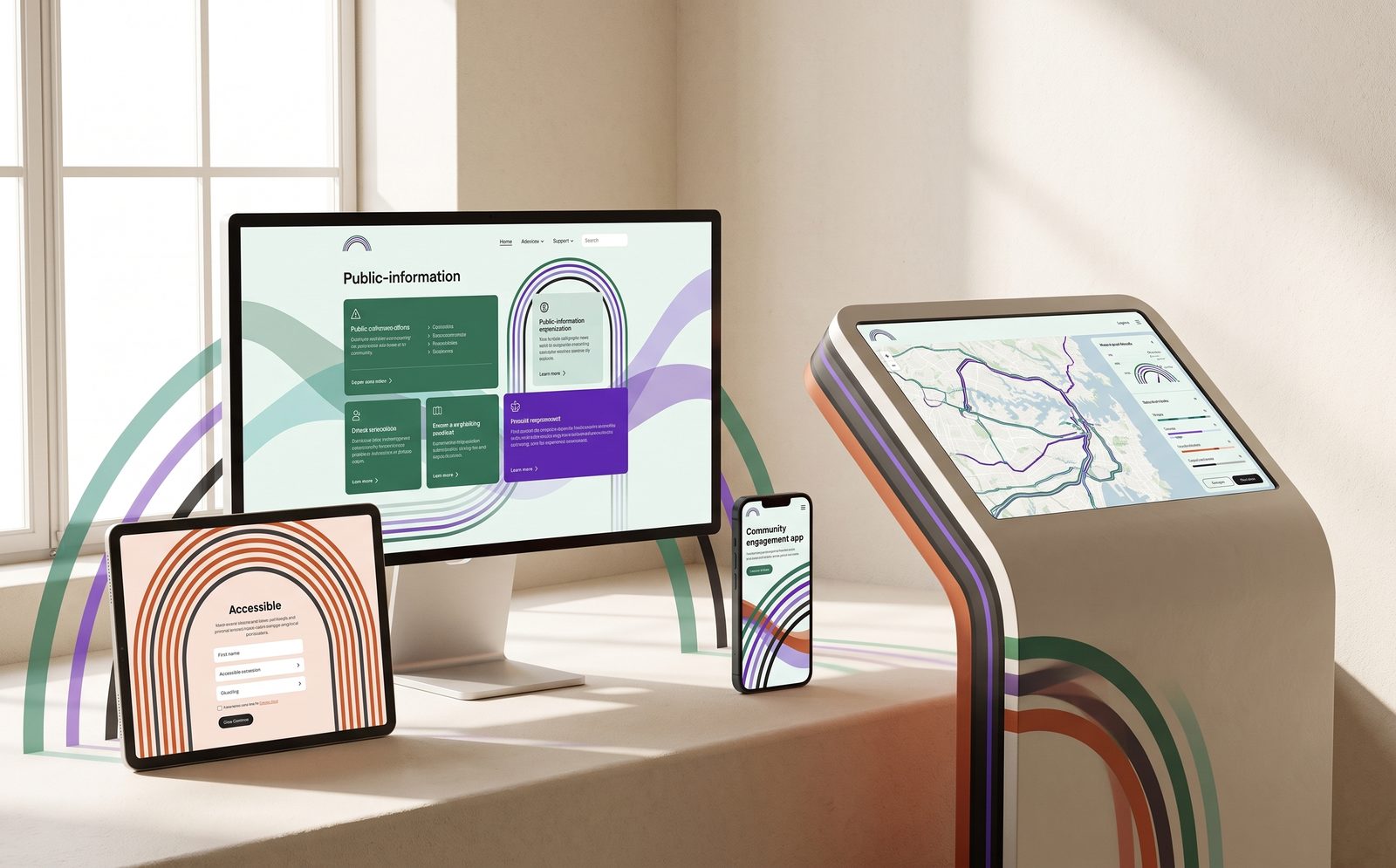 A monitor, tablet, phone and public information kiosk displaying interface mockups, connected by looping coloured arcs.