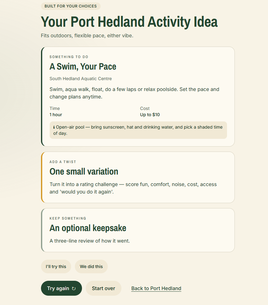 Hedland Happenings activity result card suggesting a swim at South Hedland Aquatic Centre, with a twist idea and an optional keepsake.