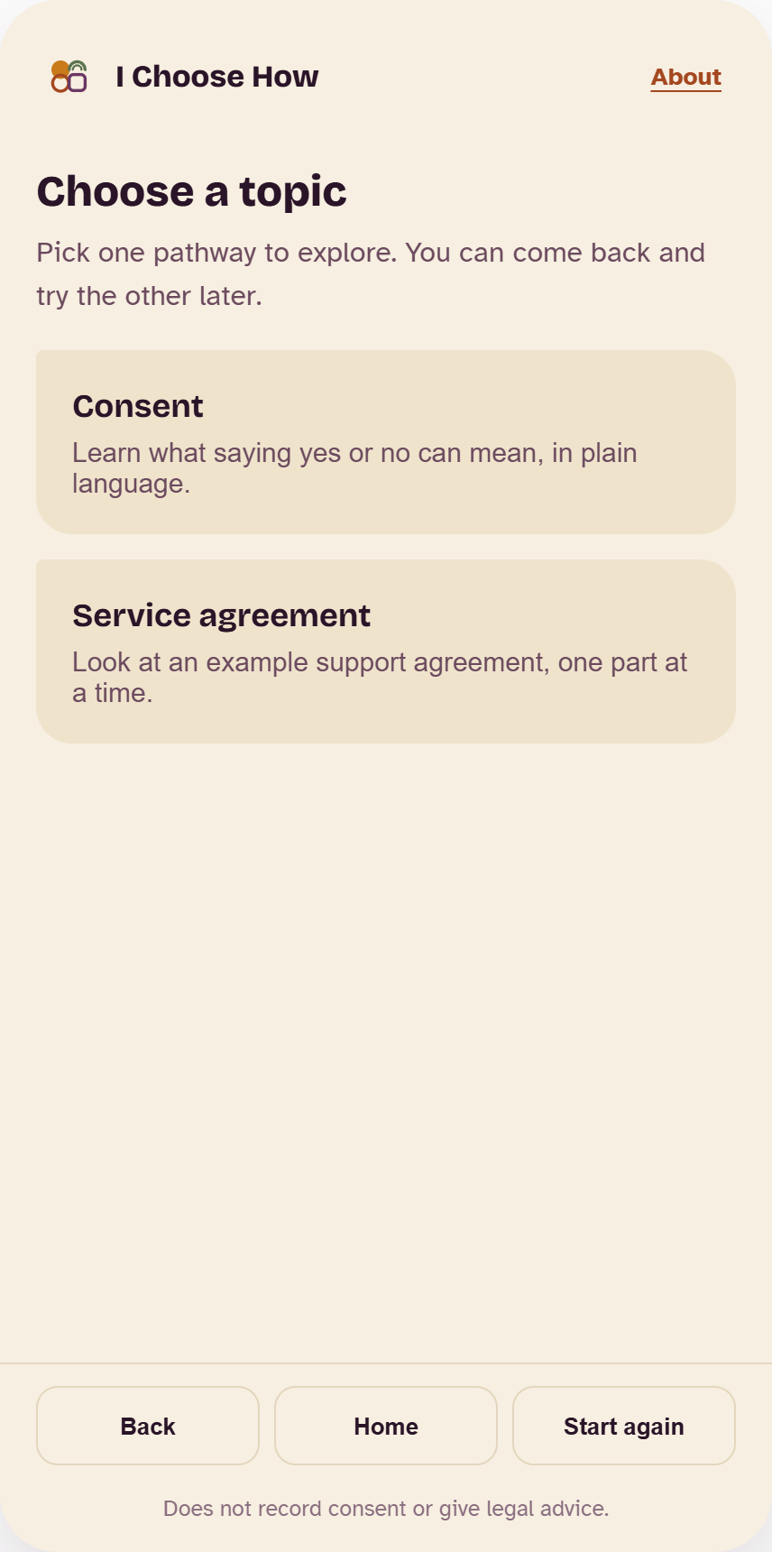 I Choose How app screen letting someone choose a topic, such as consent or a service agreement, to explore.