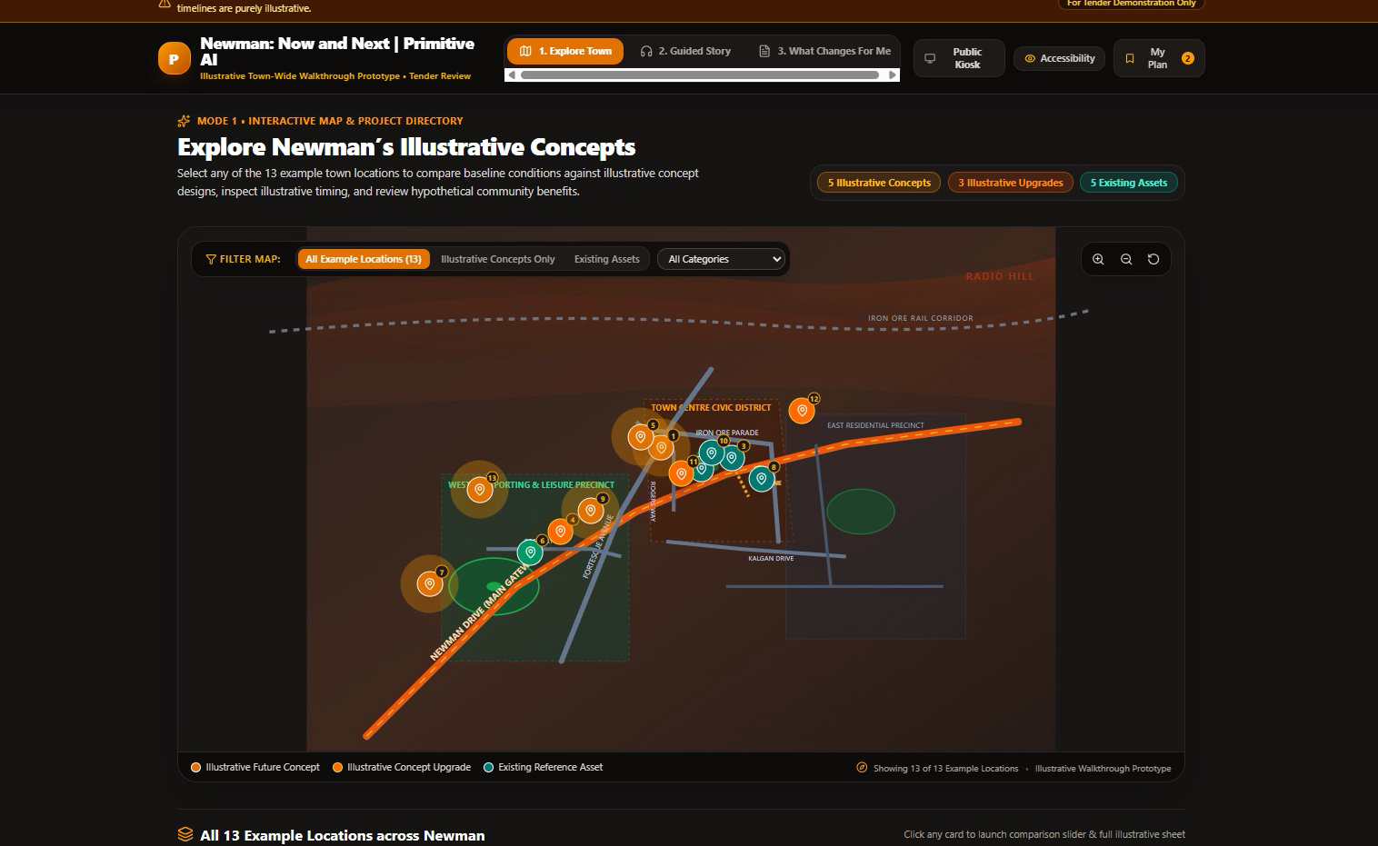Interactive map interface layering current, proposed and future views of a place with guided explanations.